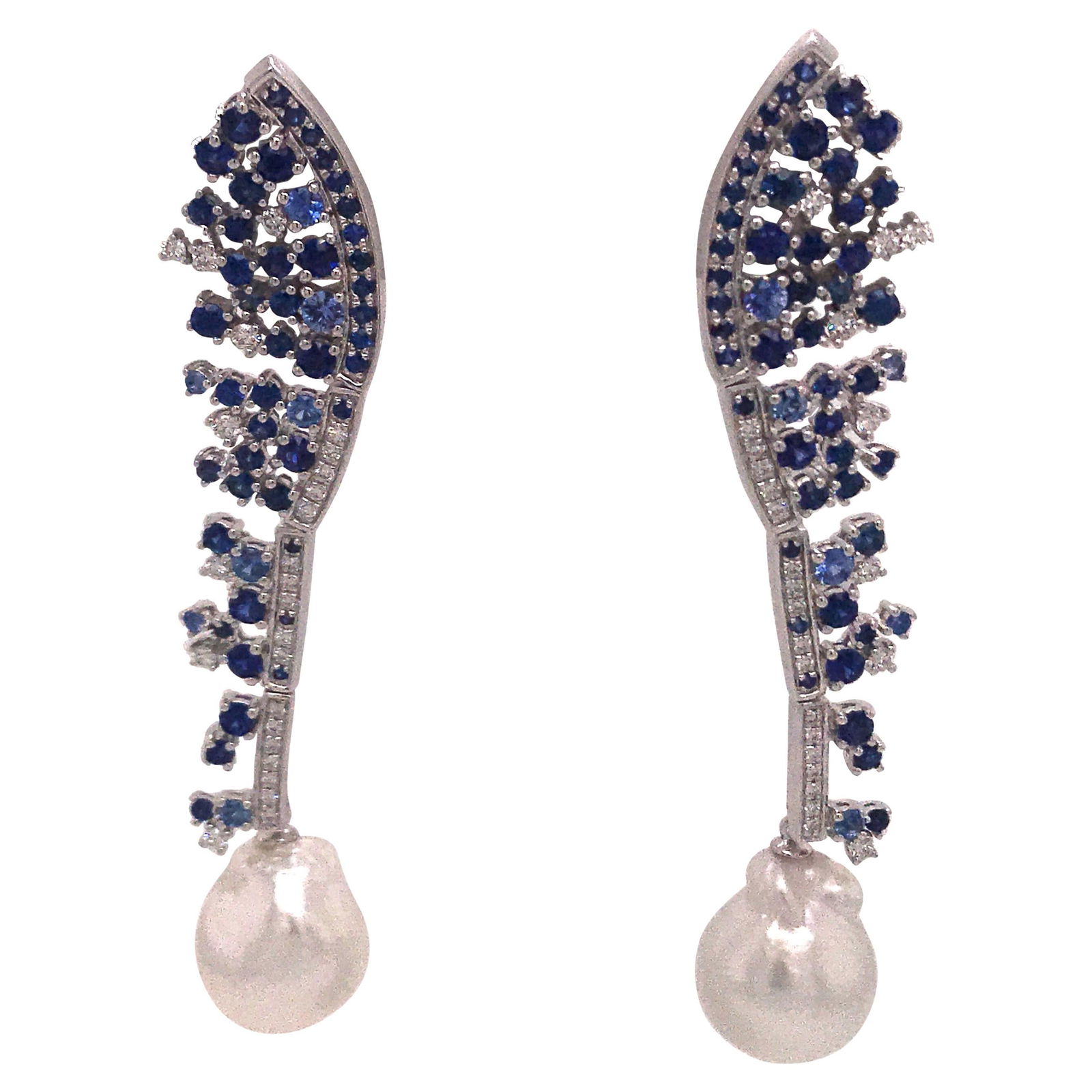 Harbor Diamonds 18K White Gold Sapphire Diamond Pearl Drop Earrings 4.10 Carat (1 of 6)