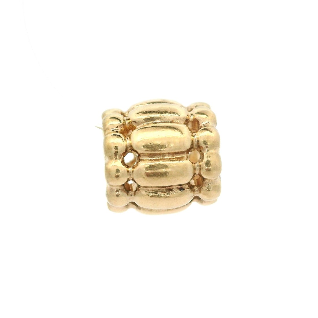 Estate Pandora 14k Yellow Gold Barrel Bead Spacer Charm: Estate Pandora 14k Yellow Gold Barrel Bead Spacer Charm This exquisite Estate Pandora charm is crafted from solid 14k yellow gold, showcasing a unique barrel shape with both round and oval bead spacer