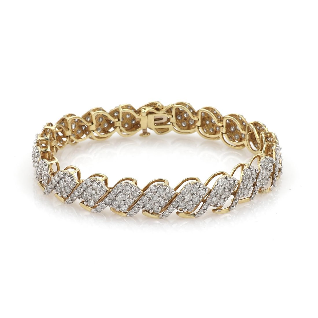 Estate 14k Two Tone Gold Diamond Bracelet 7 Carats Fancy Links: Estate 14k Two Tone Gold Diamond Bracelet 7 Carats Fancy Links This exquisite estate bracelet features a stunning combination of 14k yellow and white gold, meticulously crafted with a polished finish.