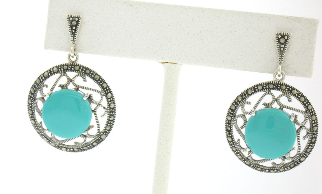 Elegant Marcasite Sterling Silver Turquoise Dangle Earrings 33mm (1 of 4)