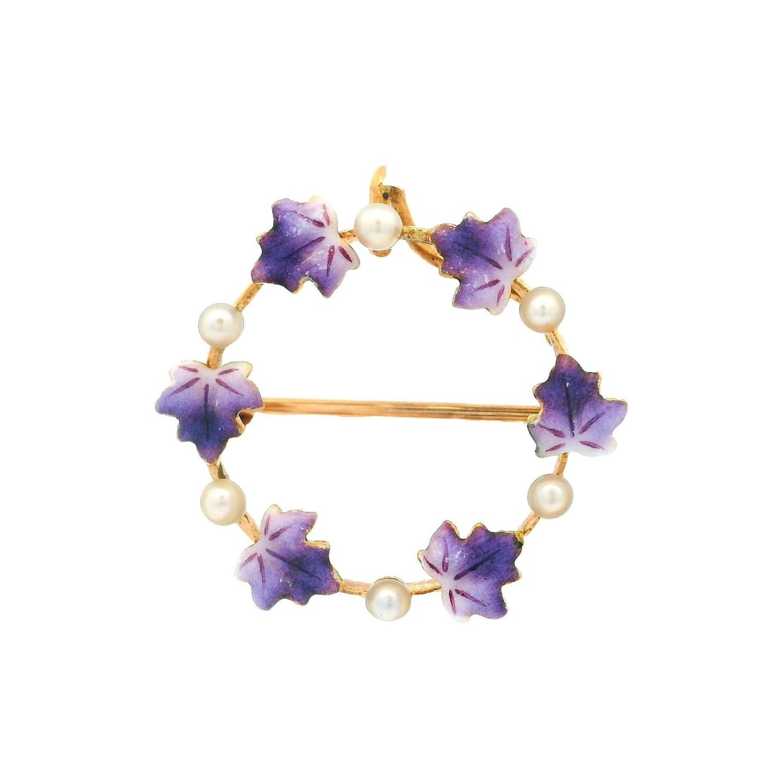 Antique Art Nouveau 14k Gold Seed Pearl Enamel Leaf Brooch (1 of 5)