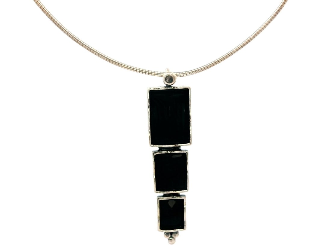 Sterling Silver Geometric Black Onyx Pendant Necklace 16 Inch: Sterling Silver Geometric Black Onyx Pendant Necklace 16 Inch This stunning Sterling Silver Graduated Black Onyx Stacked Geometric Pendant Necklace features three exquisite natural black onyx stones,