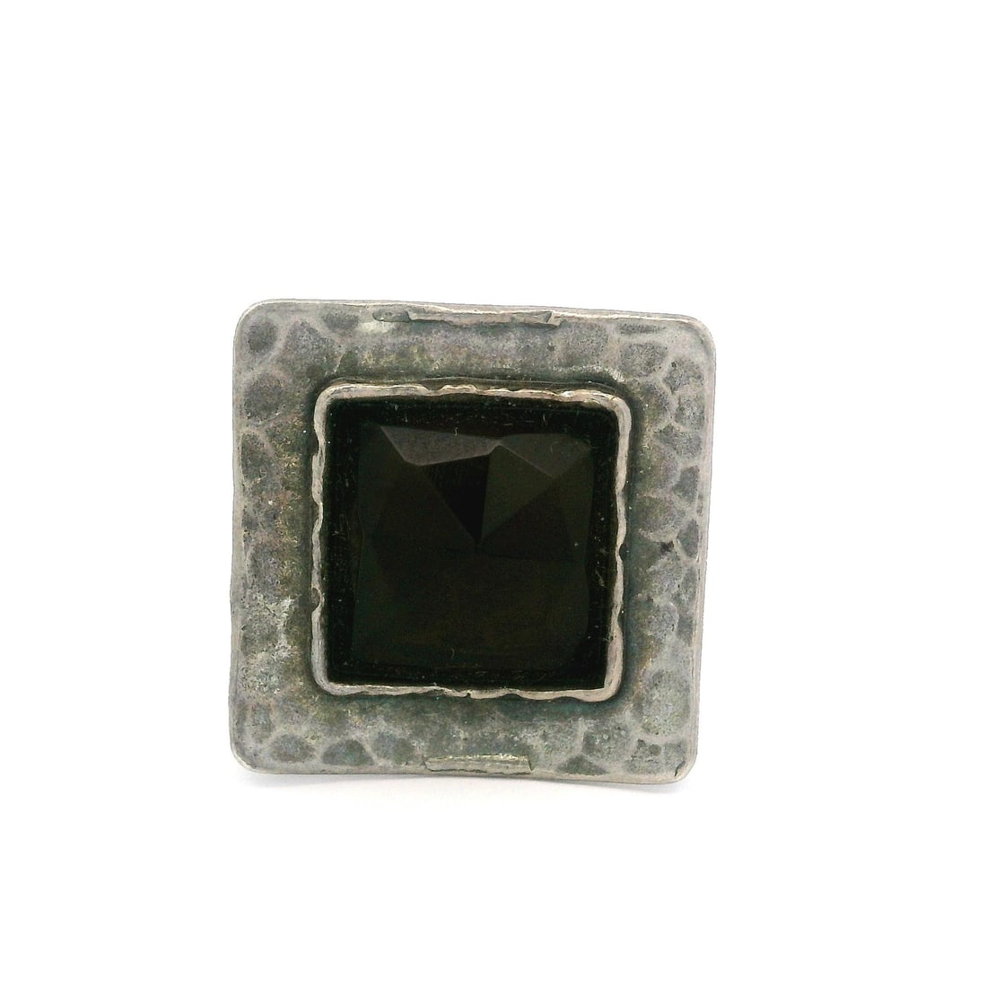 Vintage Sterling Silver Hammered Square Smokey Quartz Ring: Vintage Sterling Silver Hammered Square Smokey Quartz Ring This vintage cocktail ring showcases a stunning natural smokey quartz in a unique square platter design. The brown, coffee-colored stone is s