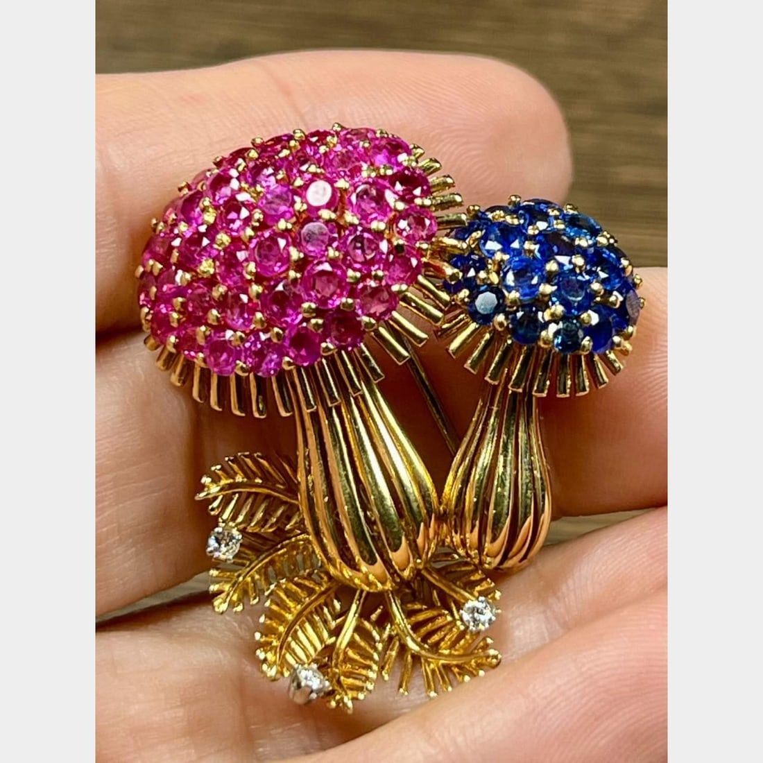18K Yellow Gold CT Signed Diamond Ruby Sapphire Mushroom Brooch (1 of 4)
