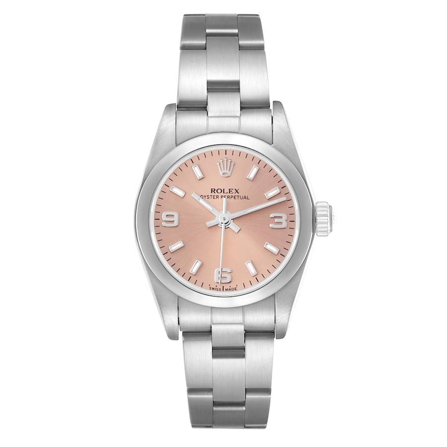 Ladies Oyster Perpetual Watch Salmon Dial Reference 76080: Ladies Oyster Perpetual Watch Salmon Dial Reference 76080 This ladies' Rolex Oyster Perpetual features a salmon dial, a smooth bezel, and an Oyster bracelet. The watch is identified by reference numbe