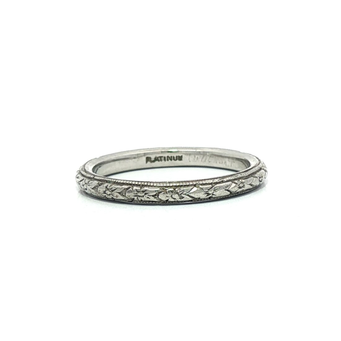 Antique Art Deco Platinum 2mm Floral Eternity Band Ring Size 4.5: Antique Art Deco Platinum 2mm Floral Eternity Band Ring Size 4.5 This exquisite Antique Art Deco Platinum Eternity Band Ring features a delicate 2mm floral pattern, making it a timeless addition to an