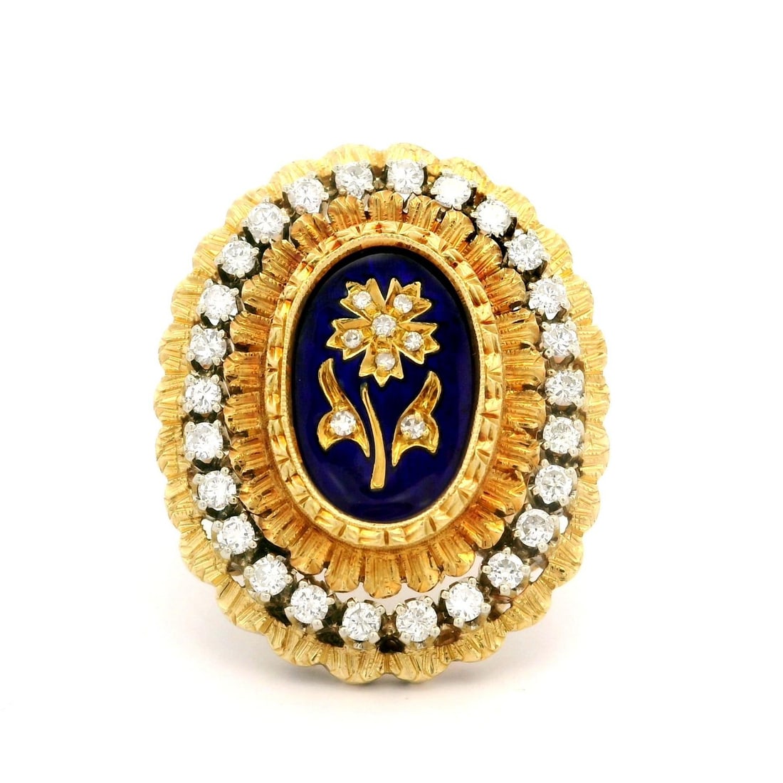 Vintage 18k Gold 0.75ct Diamond Royal Blue Enamel Flower Ring: Vintage 18k Gold 0.75ct Diamond Royal Blue Enamel Flower Ring This exquisite vintage cocktail ring showcases a stunning floral design crafted from solid 18k yellow gold, highlighted by a vibrant royal