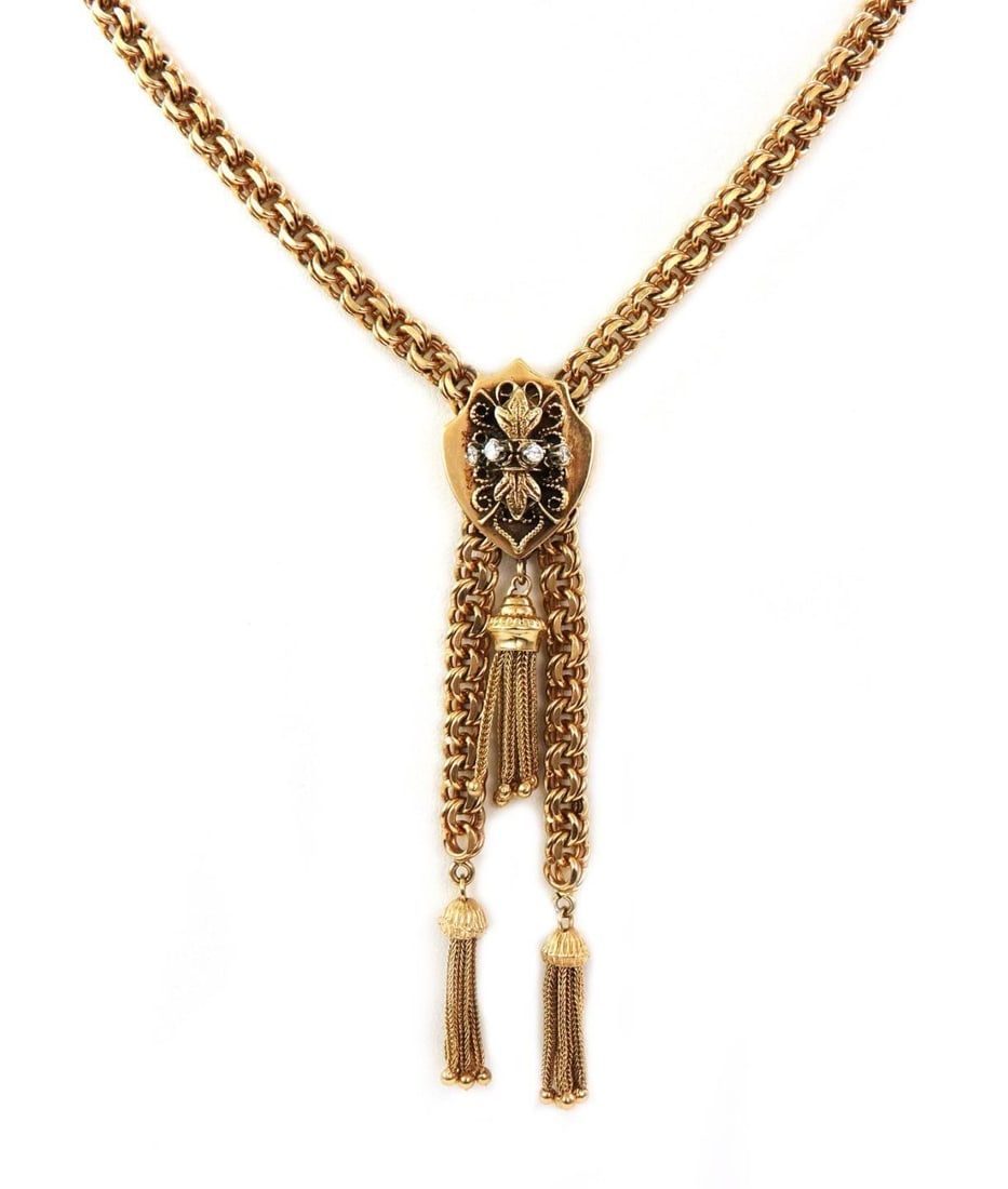 Vintage 14k Yellow Gold Diamond Tassel Slide Pendant Necklace: Vintage 14k Yellow Gold Diamond Tassel Slide Pendant Necklace This exquisite vintage slide pendant necklace is made from 14k yellow gold, showcasing a beautiful design that features a double ring link