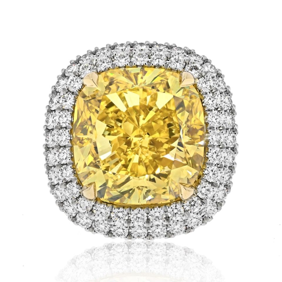 21.22 Carat GIA Fancy Deep Brownish Yellow Diamond Ring in Platinum and 18K Yellow Gold: 21.22 Carat GIA Fancy Deep Brownish Yellow Diamond Ring in Platinum and 18K Yellow Gold This exquisite ring features a stunning 21.22 carat cushion cut diamond in a fancy deep brownish yellow color