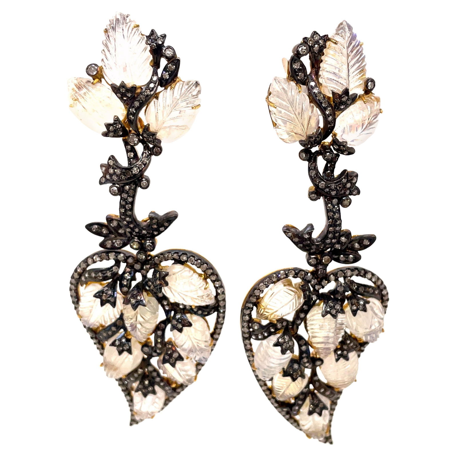 Victorian Inspired Moonstone and Diamond Chandelier Earrings with GIA Appraisal: Victorian Inspired Moonstone and Diamond Chandelier Earrings with GIA Appraisal These stunning Victorian Style Moonstone & Diamond Chandelier Earrings are a true statement piece. Crafted from a combin