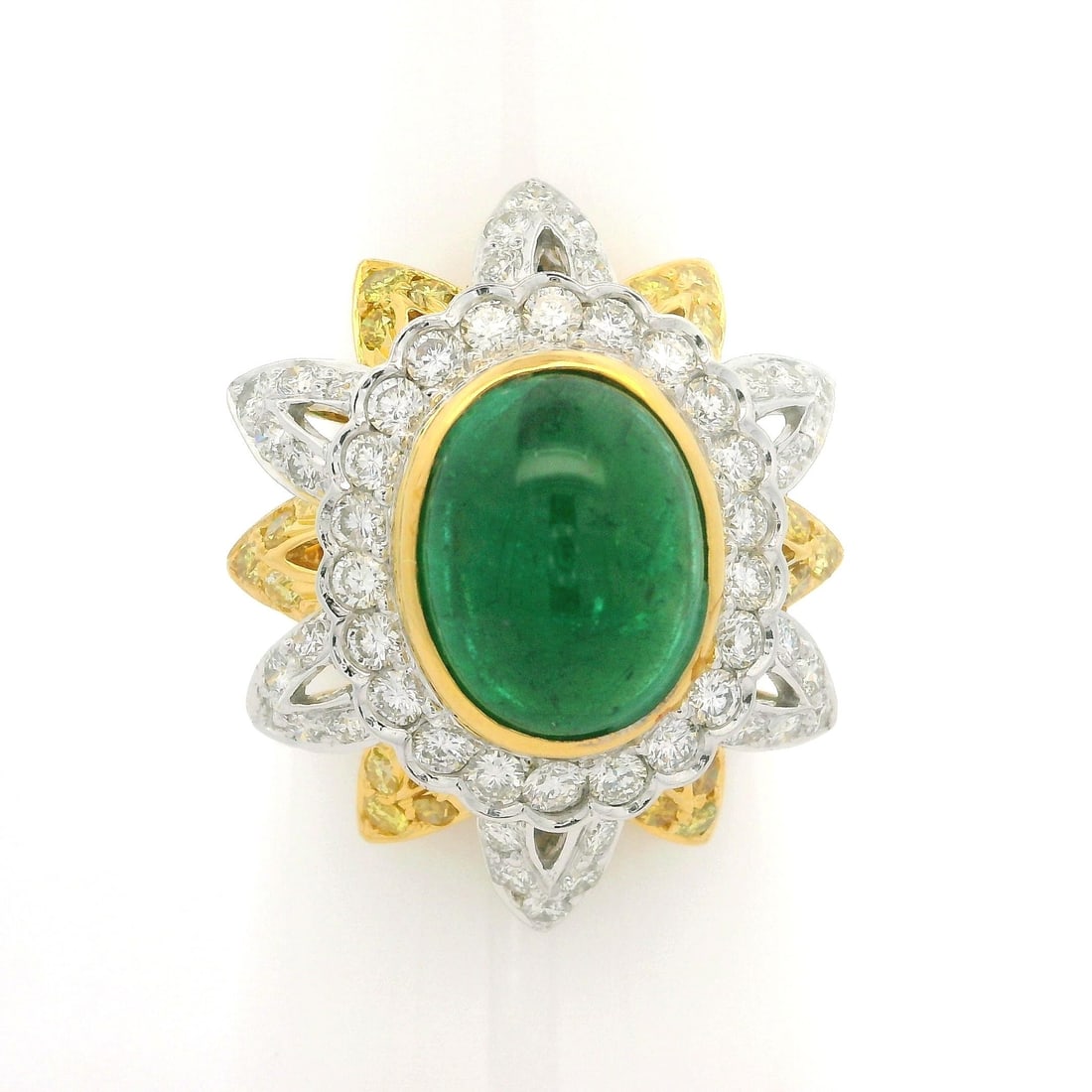 18k Gold Platinum GIA 5.55ct Emerald Yellow White Diamond Ring: 18k Gold Platinum GIA 5.55ct Emerald Yellow White Diamond Ring This exquisite cocktail ring features a stunning natural emerald centerpiece, boasting an oval cabochon cut with a vivid green color and