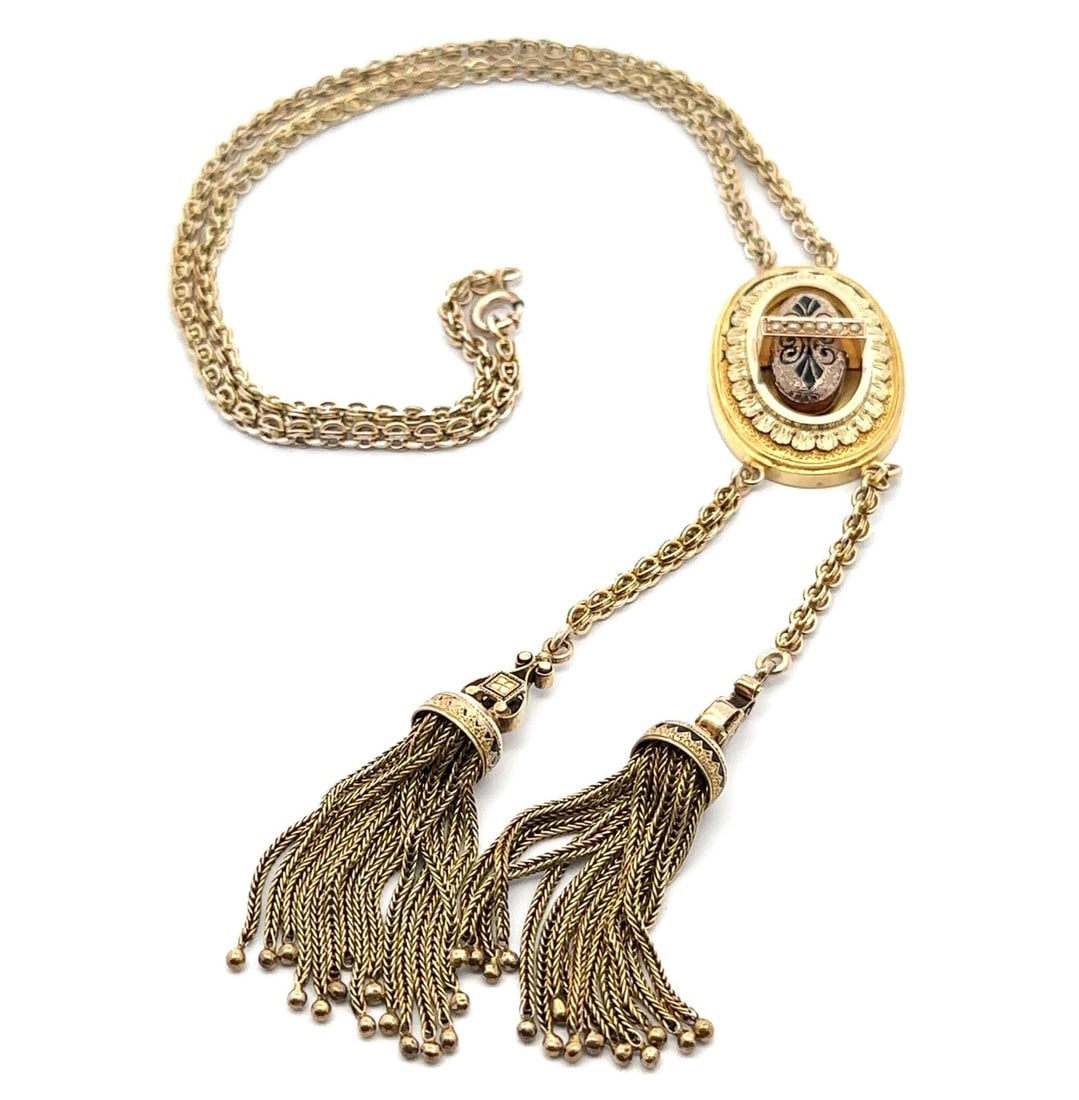 Antique Victorian 14k Gold Pearl Black Enamel Mourning Necklace with Dangle Tassels: Antique Victorian 14k Gold Pearl Black Enamel Mourning Necklace with Dangle Tassels This exquisite Antique Victorian necklace is crafted from solid 13-14k yellow gold and features a stunning array of