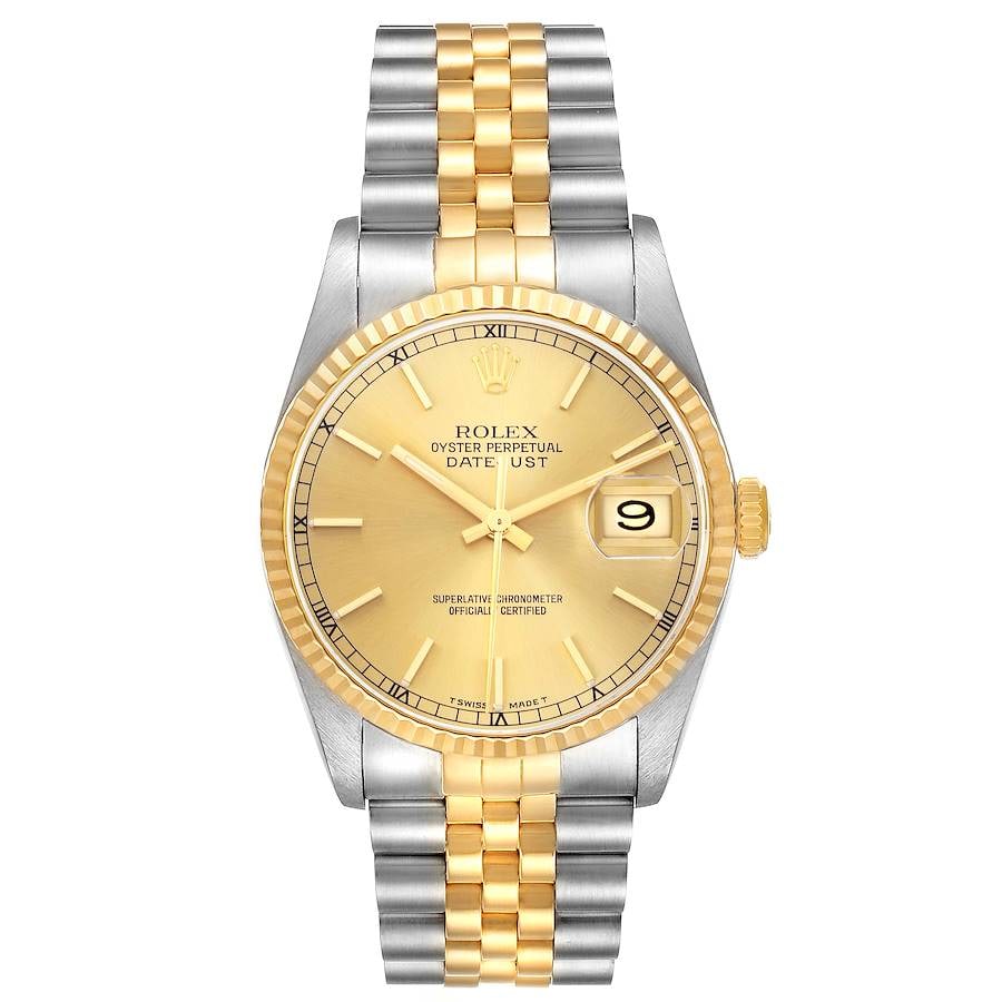 Datejust Ref 16233 Jubilee Bracelet Watch with Champagne Stick Dial: Datejust Ref 16233 Jubilee Bracelet Watch with Champagne Stick Dial This is a men's Rolex Datejust watch featuring a champagne stick dial and a fluted bezel. The timepiece comes with a Jubilee bracele