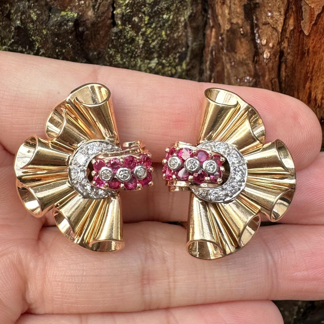 Vintage 1.80ctw Ruby Diamond Omega Earrings in Yellow Gold: Vintage 1.80ctw Ruby Diamond Omega Earrings in Yellow Gold These Vintage Retro Omega Earrings are a stunning blend of elegance and sophistication, featuring a beautiful combination of natural rubies a