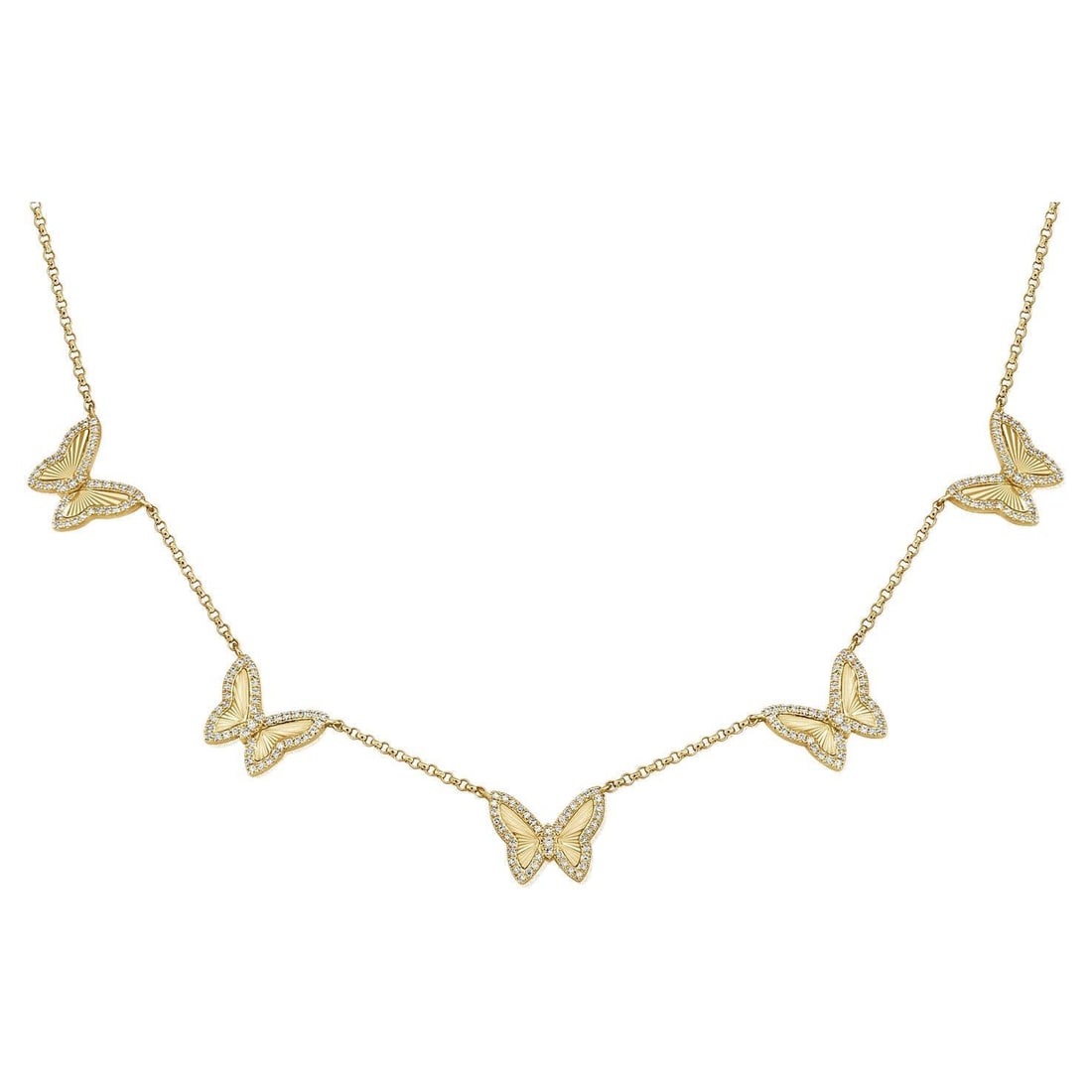 14KT Gold Adjustable Butterfly Necklace 0.49 Carats Diamonds: 14KT Gold Adjustable Butterfly Necklace 0.49 Carats Diamonds This exquisite Five Station Fluted Diamond Butterfly Adjustable Necklace is crafted in luxurious 14KT yellow gold, showcasing a contemporar