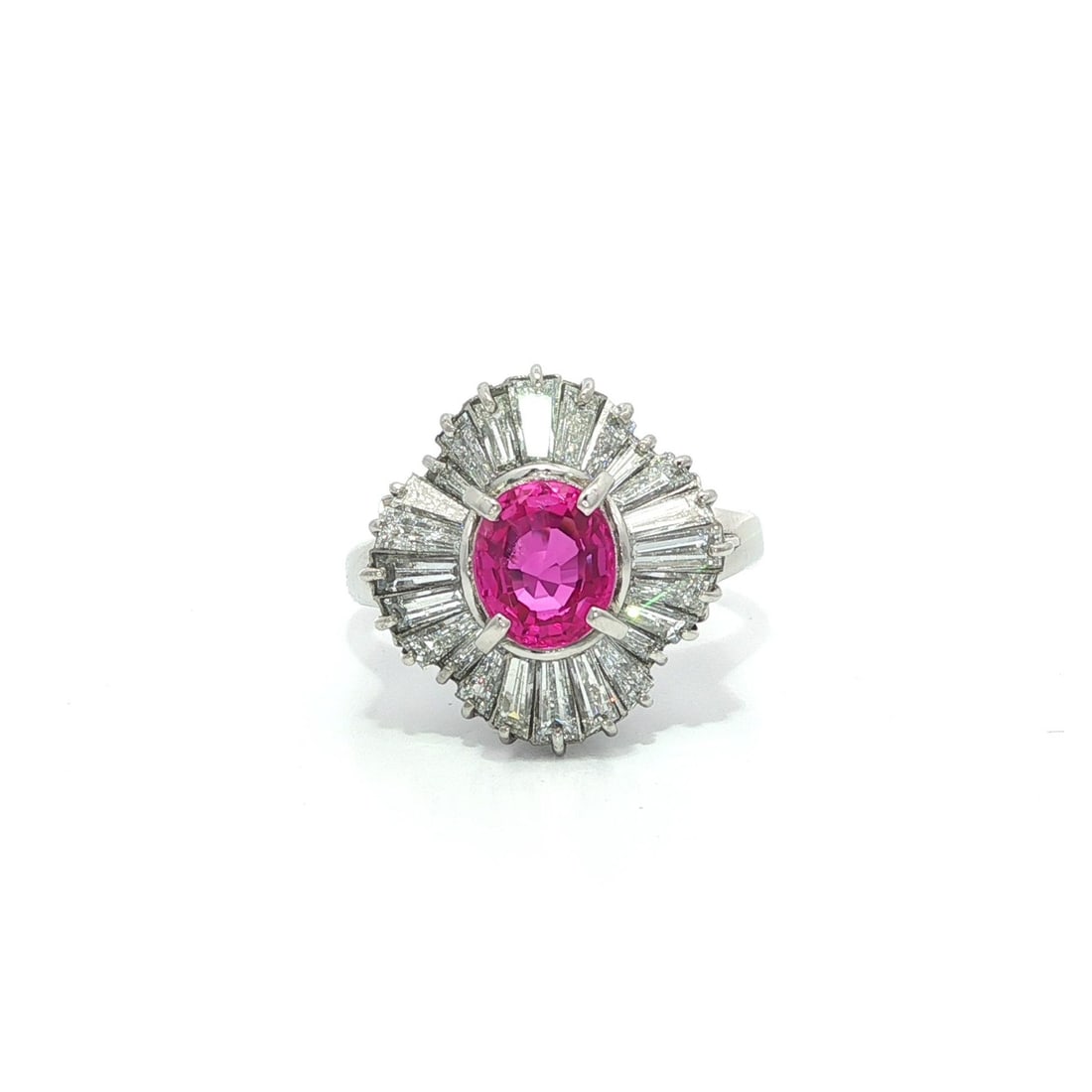 Platinum GIA Certified 2.91ctw Vivid Pink Sapphire Diamond Ballerina Ring: Platinum GIA Certified 2.91ctw Vivid Pink Sapphire Diamond Ballerina Ring This exquisite cocktail ring features a stunning 2.91 carat total weight, showcasing a natural vivid pink sapphire from Burma,