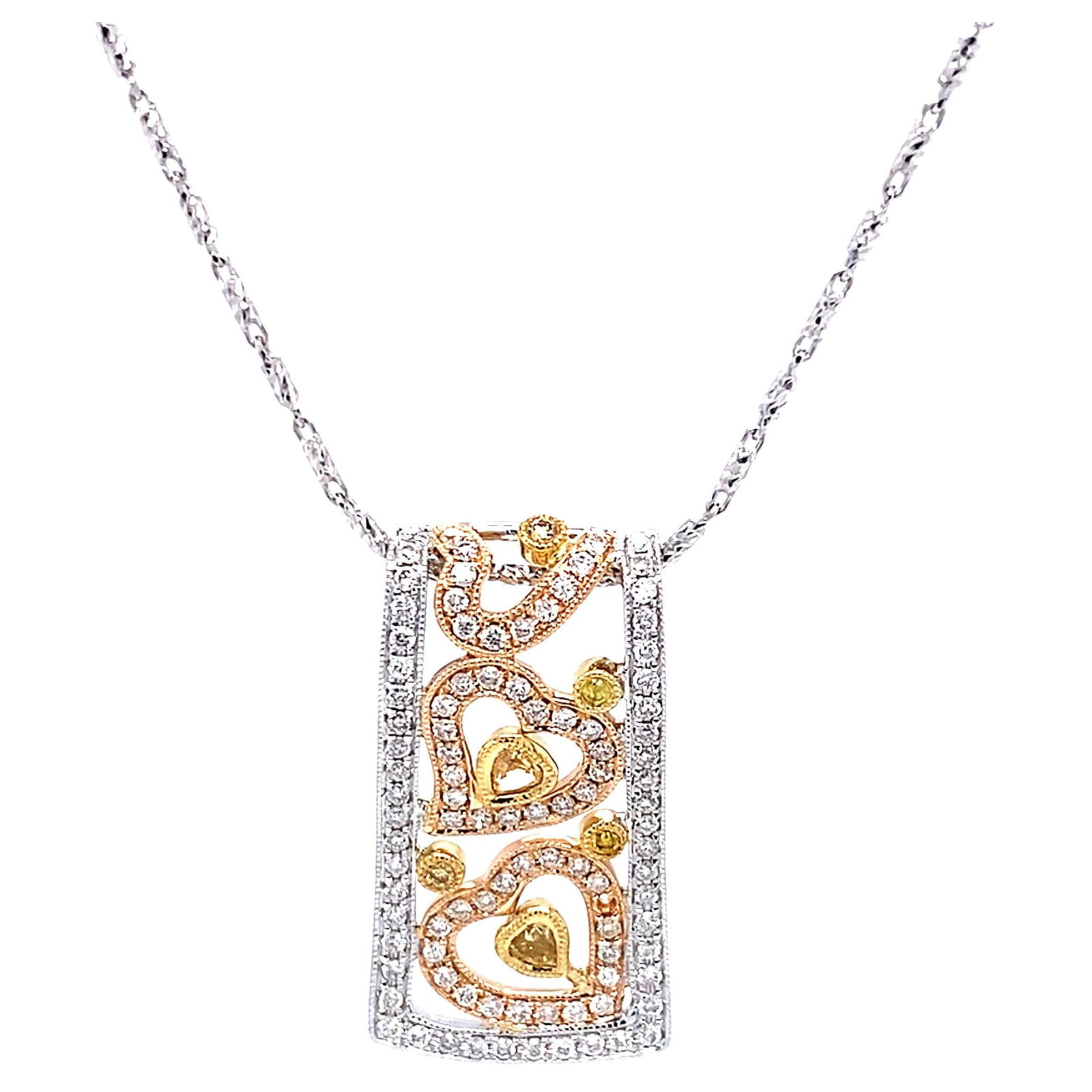 0.78ct Heart Motif Diamond Pendant Necklace in 18k Gold: 0.78ct Heart Motif Diamond Pendant Necklace in 18k Gold This exquisite heart motif pendant necklace features a stunning combination of multi-shape diamonds totaling 0.78 carats, set in a luxurious ble