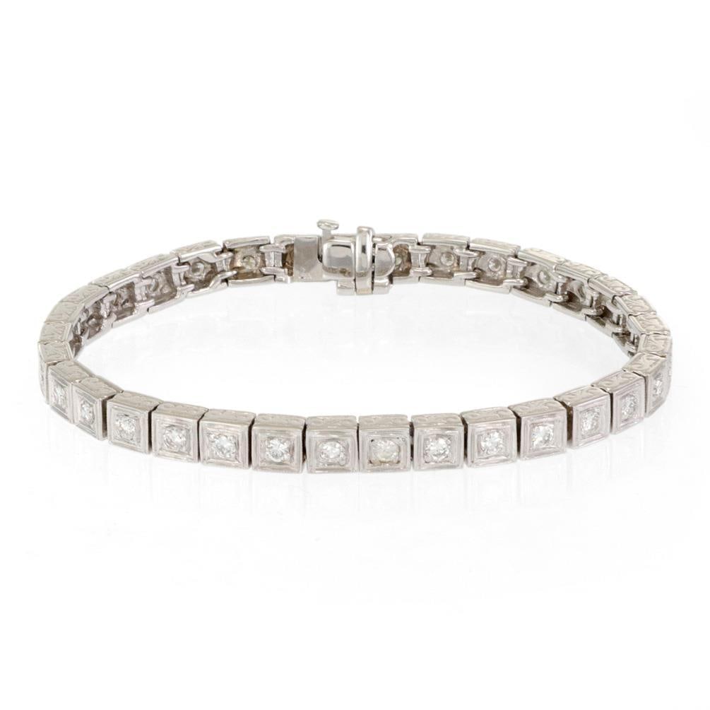 Estate 1.75ct Diamond 14k White Gold Square Link Bracelet: Estate 1.75ct Diamond 14k White Gold Square Link Bracelet This exquisite Estate bracelet is crafted from 14k white gold and features elegantly designed square links adorned with intricate scroll etche