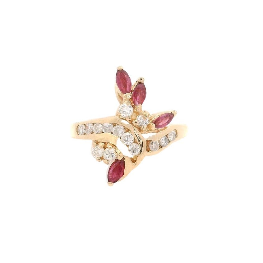 Estate 14K Yellow Gold Marquise Ruby Diamond Cluster Cocktail Ring: Estate 14K Yellow Gold Marquise Ruby Diamond Cluster Cocktail Ring This stunning estate ring features a dazzling combination of natural rubies and diamonds, set in luxurious 14K yellow gold. The ring
