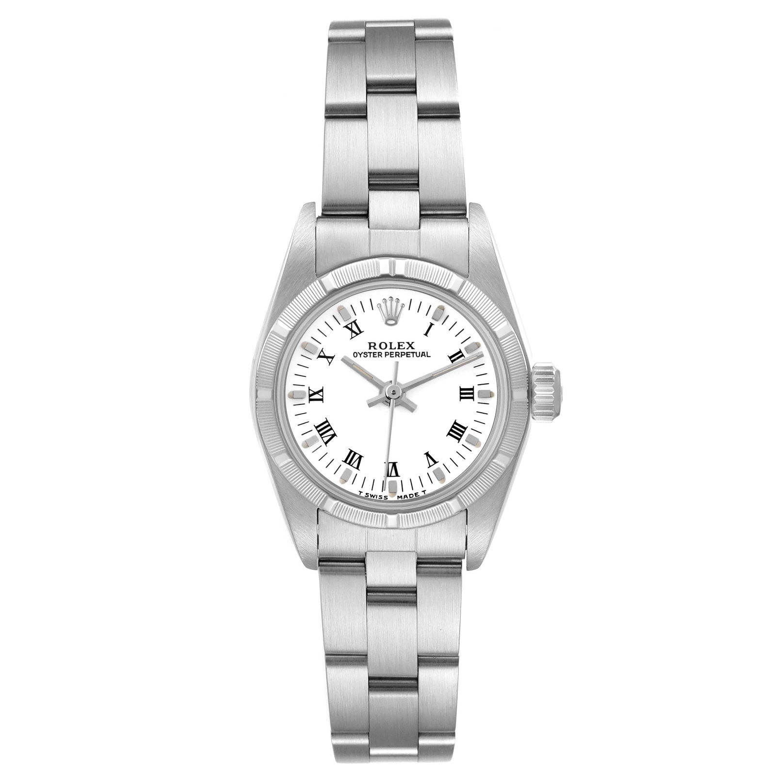 Ladies Oyster Perpetual Ref 67230 White Roman Dial with Papers 1997: Ladies Oyster Perpetual Ref 67230 White Roman Dial with Papers 1997 This is a ladies' Rolex Oyster Perpetual wristwatch featuring a white Roman numeral dial. The watch includes an engine-turned bezel