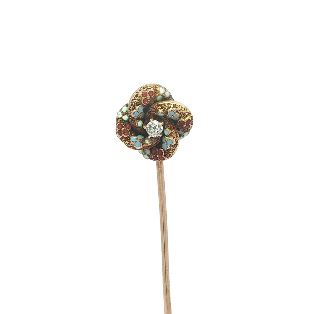 Art Nouveau Era 18k Gold Diamond Repousse Love Knot Stick Pin with Enamel (1 of 7)