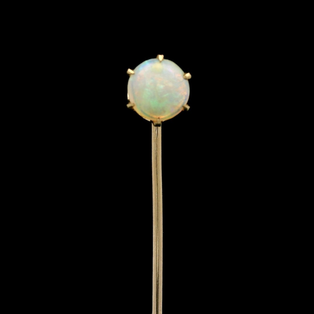Vintage 10k Yellow Gold Opal Cabochon Stick Pin 6.4mm: Vintage 10k Yellow Gold Opal Cabochon Stick Pin 6.4mm This vintage collectible stick pin features a stunning 10k yellow gold design, showcasing a natural genuine opal at its center. The opal is a roun