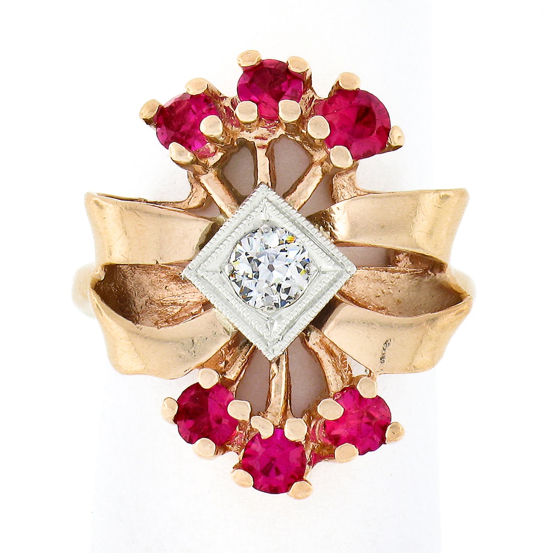 Vintage 14K Two Tone Gold Diamond & Red Stone Bow Ring (1 of 8)