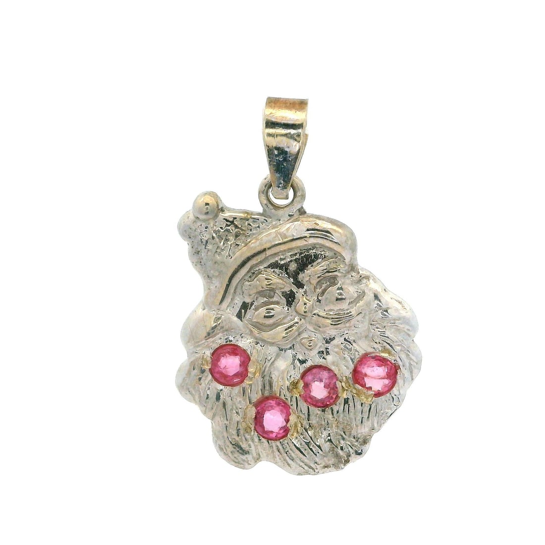 14k White Gold Ruby Santa Claus Charm Pendant 0.40ctw: 14k White Gold Ruby Santa Claus Charm Pendant 0.40ctw This charming Santa Claus pendant is crafted from 14k solid white gold and features four natural genuine rubies in a stunning round brilliant cut.