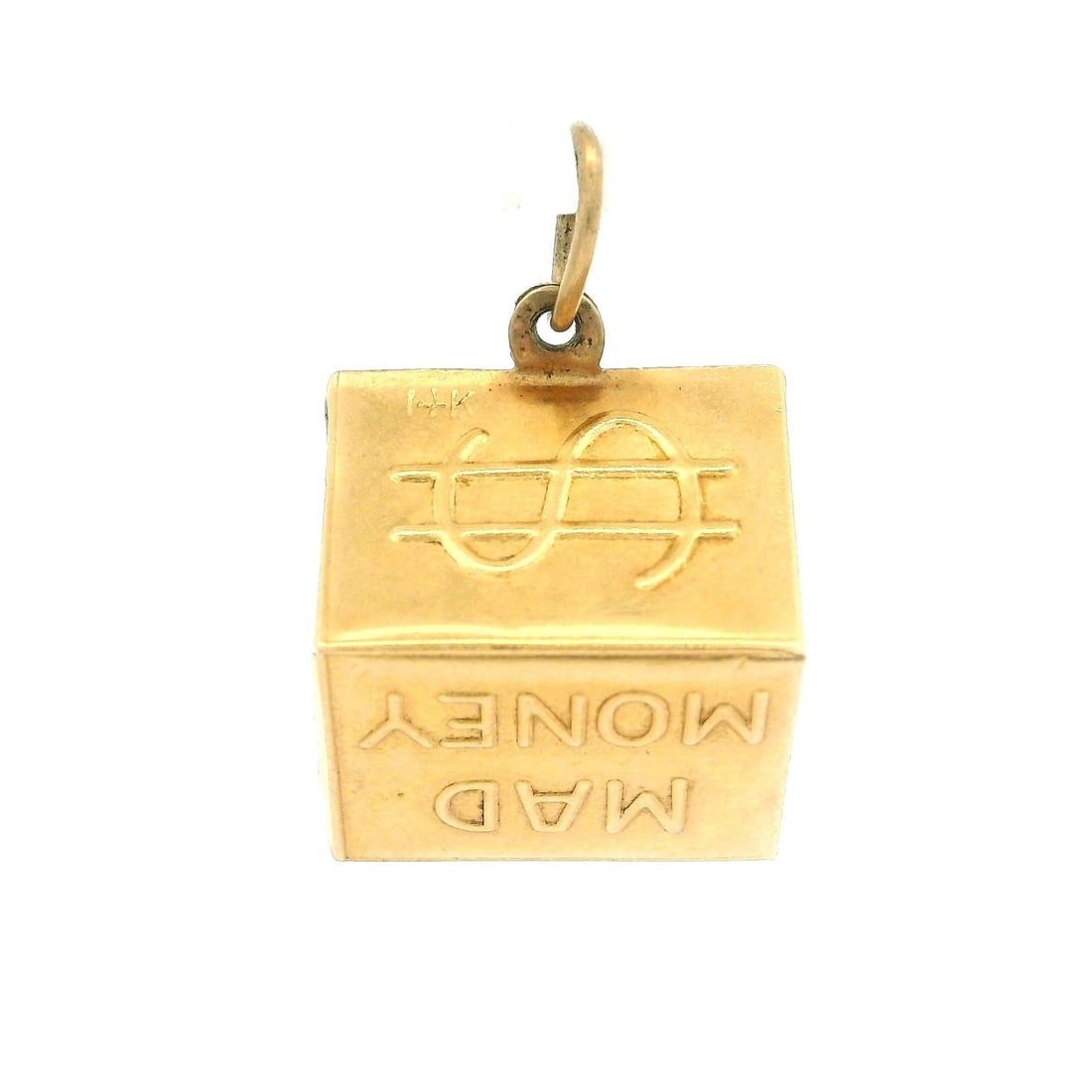 Vintage 14K Yellow Gold Mad Money Emergency Dollar Charm Pendant: Vintage 14K Yellow Gold Mad Money Emergency Dollar Charm Pendant This vintage collectible pendant features a charm designed as a folded $1.00 USD bill, crafted from solid 14K yellow gold. Weighing 2.7