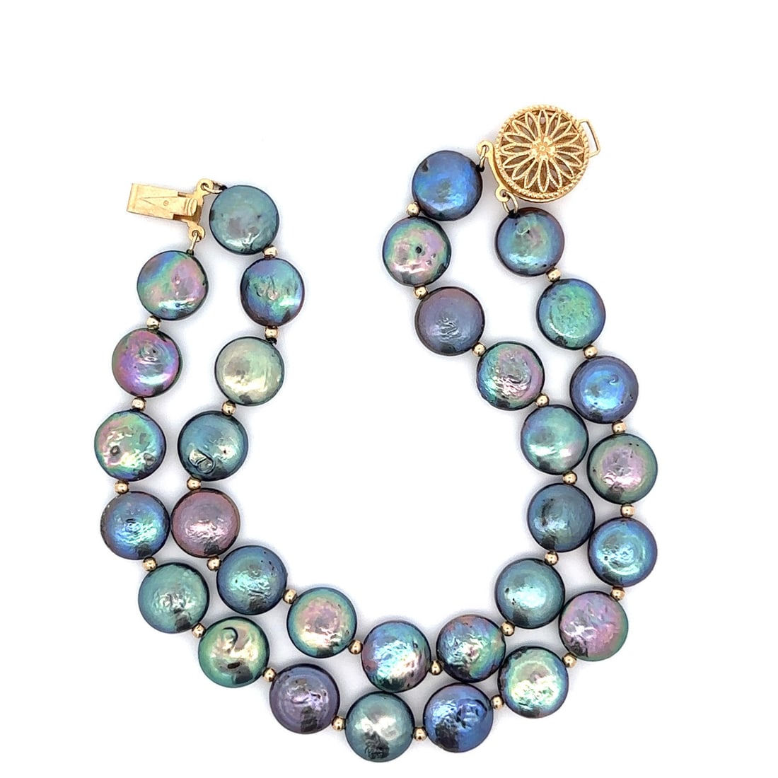 14k Yellow Gold Gray Tahitian Coin Pearl Dual Row Bracelet with Flower Clasp (1 of 5)