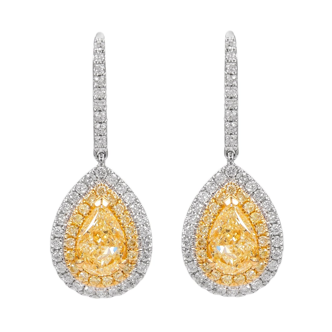 2.74ct Yellow Diamond Halo Drop Earrings 18k Gold: 2.74ct Yellow Diamond Halo Drop Earrings 18k Gold Exquisite 2.74ct total weight yellow diamond and halo drop earrings, crafted in 18k gold. These contemporary earrings feature two pear-shaped yellow d