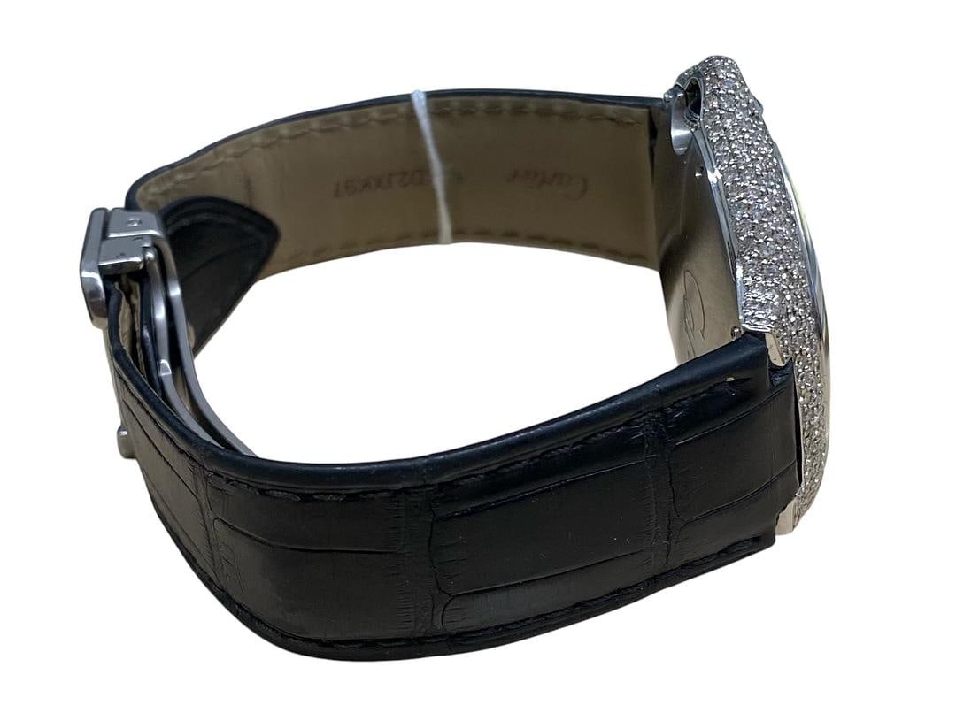 Ballon Bleu Reference 3765 Black Dial Leather Band Diamond Bezel Watch: Ballon Bleu Reference 3765 Black Dial Leather Band Diamond Bezel Watch This Cartier Ballon Bleu watch features a black dial, diamond bezel, and a leather bracelet. Designed for men, it is part of the