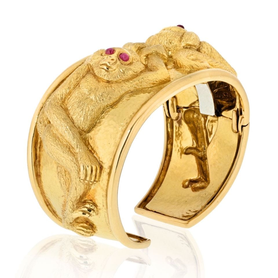 David Webb 18K Gold & Platinum Monkey Cuff Bracelet with Ruby Eyes (1 of 5)
