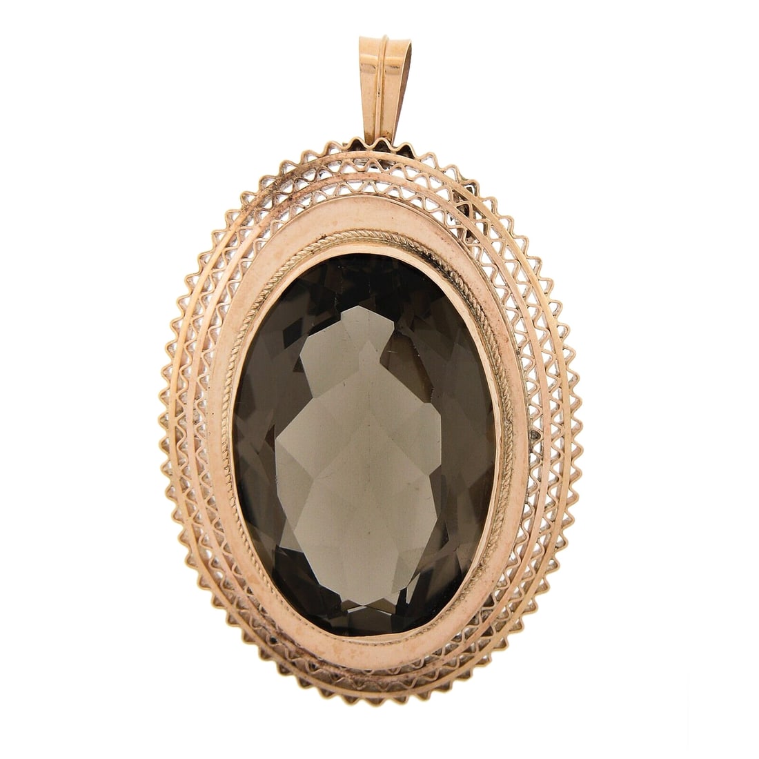 Vintage 13K Gold Smoky Quartz Oval Brooch Pendant Filigree Design (1 of 6)
