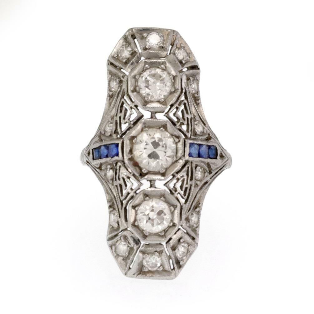 Art Deco Platinum 1.30ct Diamond Sapphire Long Ring (1 of 4)