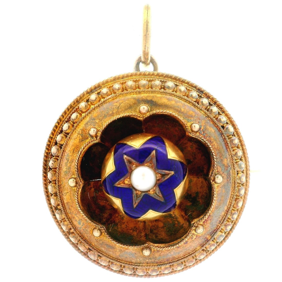 Victorian Etruscan Gold Enamel Seed Pearl Locket Pendant Brooch: Victorian Etruscan Gold Enamel Seed Pearl Locket Pendant Brooch This exquisite Victorian Etruscan locket pendant brooch features a beautiful design enhanced with blue enamel work and a cultured genuin
