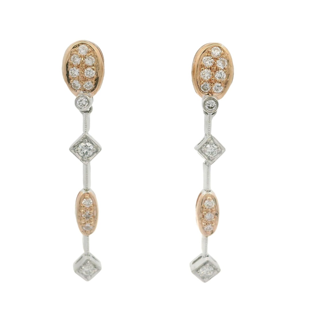 14k Rose White Gold 0.34ctw Diamond Dangle Drop Earrings: 14k Rose White Gold 0.34ctw Diamond Dangle Drop Earrings These elegant dangle drop earrings are crafted from 14k rose and white gold, showcasing a stunning array of 26 natural genuine diamonds. The di