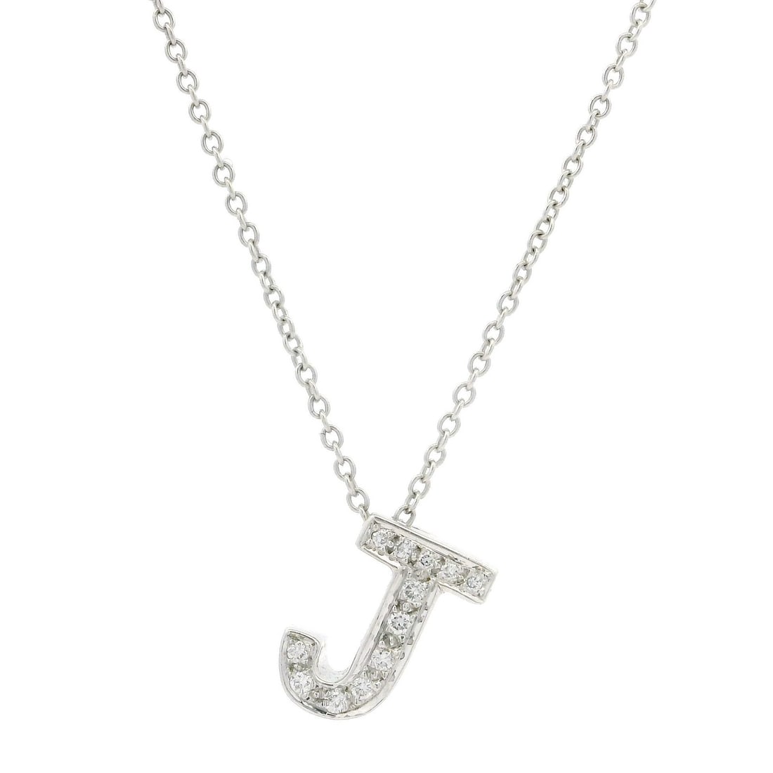 Italian White Gold Diamond Initial J Pendant Necklace 0.06ctw: Italian White Gold Diamond Initial J Pendant Necklace 0.06ctw This exquisite slide pendant features the initial letter 'J' elegantly crafted from 17-18k white gold and adorned with twelve natural genu