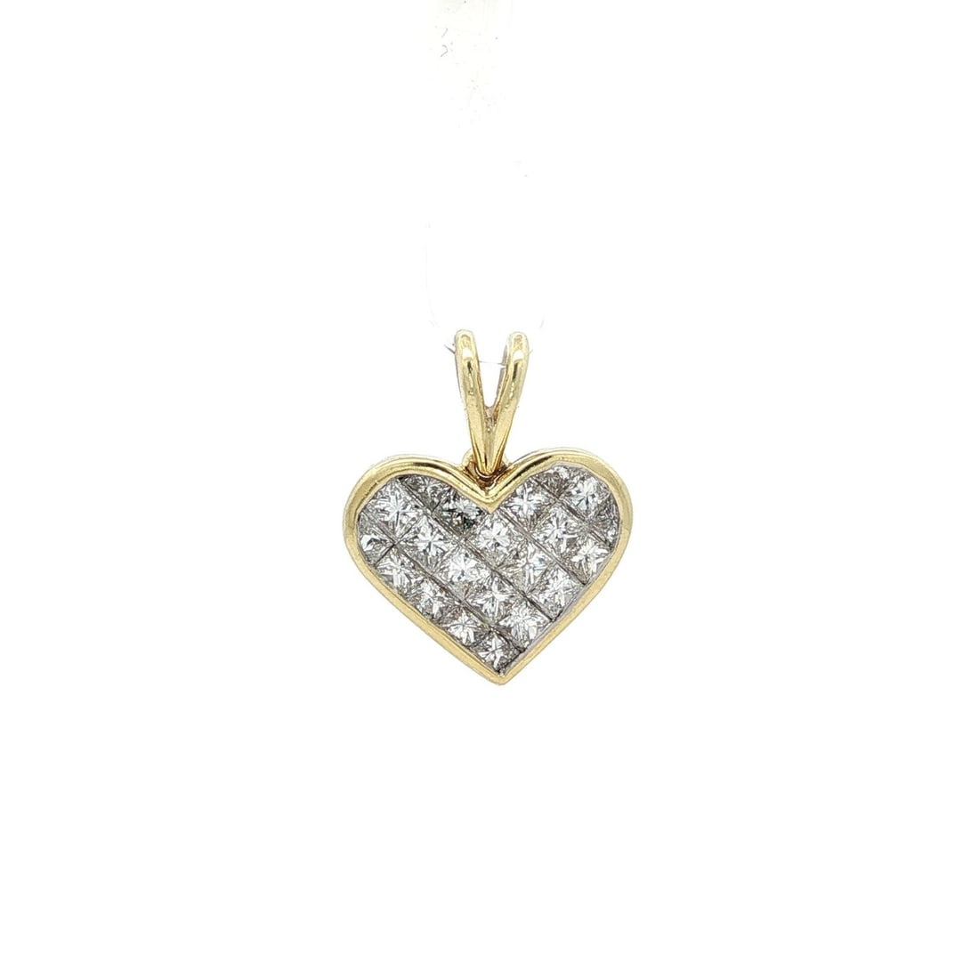 18k Yellow Gold 1.12ctw Square Diamond Heart Charm Pendant: 18k Yellow Gold 1.12ctw Square Diamond Heart Charm Pendant This exquisite charm pendant features a heart design crafted from solid 18k yellow gold, adorned with 21 natural genuine diamonds in a stunni