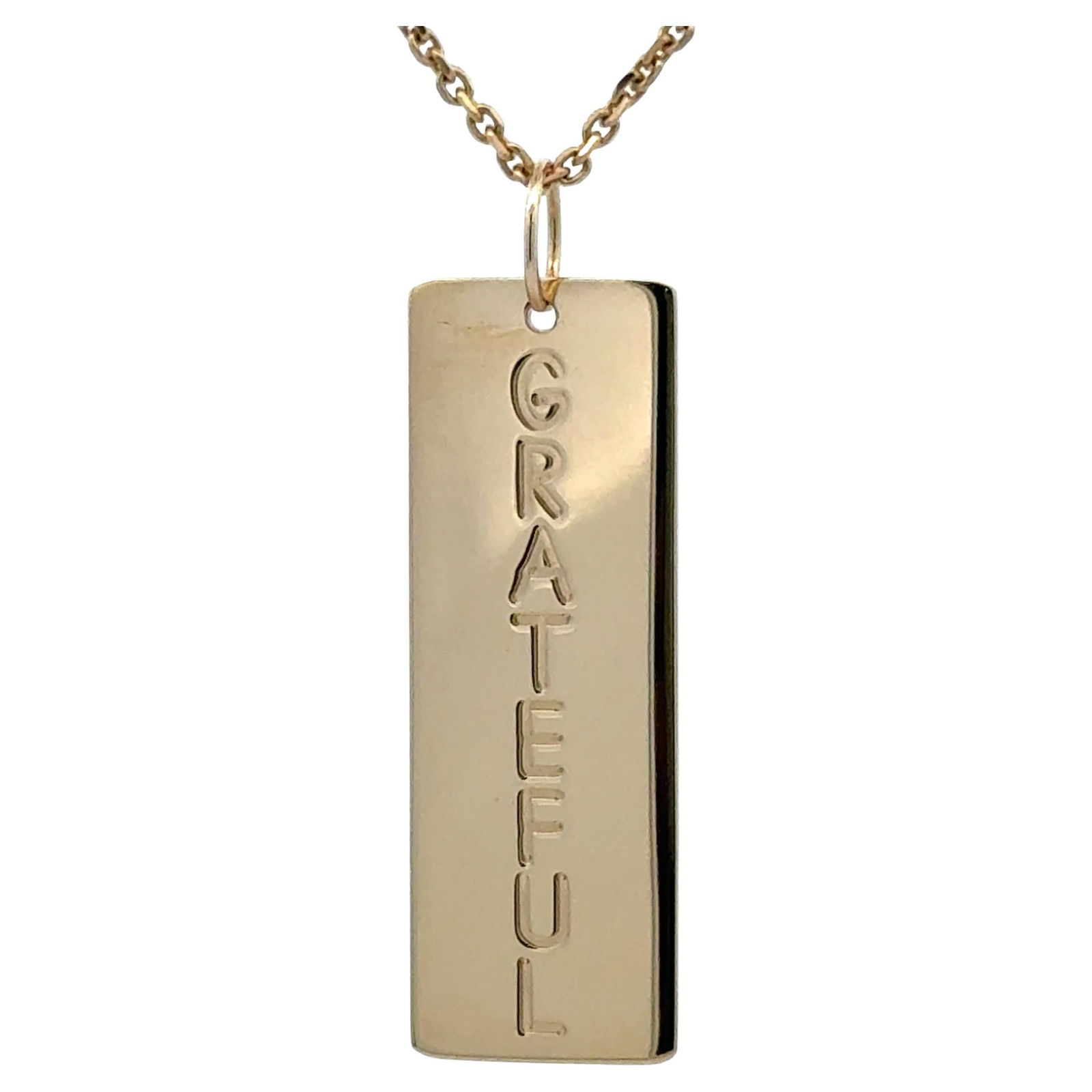Harbor Diamonds Grateful Dog Tag Pendant Necklace in 14K Yellow Gold: Harbor Diamonds Grateful Dog Tag Pendant Necklace in 14K Yellow Gold This stunning dog tag pendant necklace is crafted from 14 karat yellow gold, weighing 2.96 grams. The contemporary design features