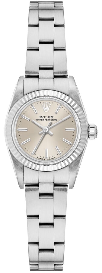 Ladies Rolex Oyster Perpetual Silver Face Watch Reference 76094: Ladies Rolex Oyster Perpetual Silver Face Watch Reference 76094 This Rolex Oyster Perpetual watch features a silver dial and a fluted bezel, complemented by an Oyster bracelet. Designed for ladies, th