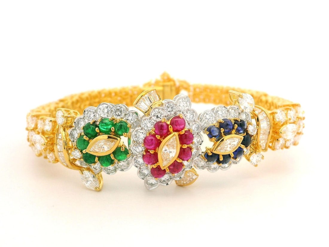 18K Gold 14.93ctw Sapphire Ruby Emerald Diamond Tennis Bracelet (1 of 14)