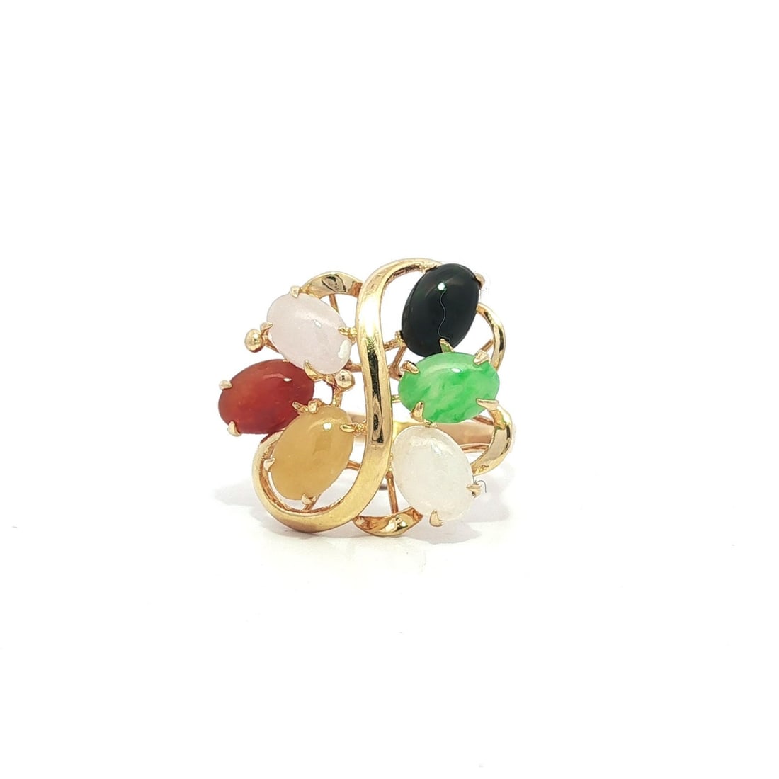 Vintage 14k Yellow Gold Multi Color Jade Flower Cocktail Ring: Vintage 14k Yellow Gold Multi Color Jade Flower Cocktail Ring This stunning vintage cocktail ring features a beautifully crafted open work flower design, showcasing six natural genuine oval cabochon