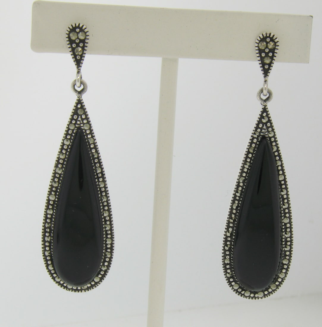 Elegant Marcasite Sterling Silver Black Onyx Tear Drop Earrings (1 of 2)