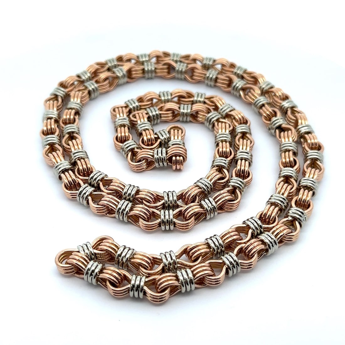 18k Rose White Gold 38 Inch Handmade Interlocking Chain Necklace: 18k Rose White Gold 38 Inch Handmade Interlocking Chain Necklace Elevate your accessory collection with this stunning 38-inch long interlocking handmade wire wrapped chain necklace, crafted from luxur