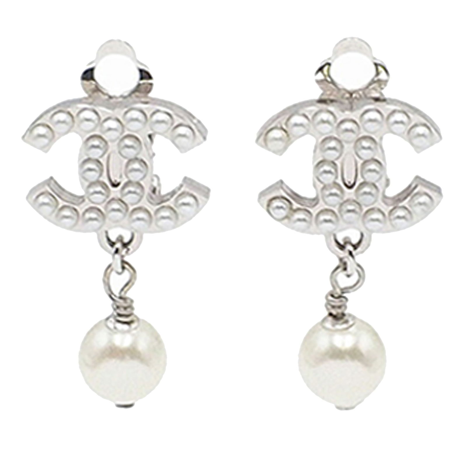 Chanel Clip On Earrings with Silver Plated CC and Faux Pearl Drops (1 of 9)