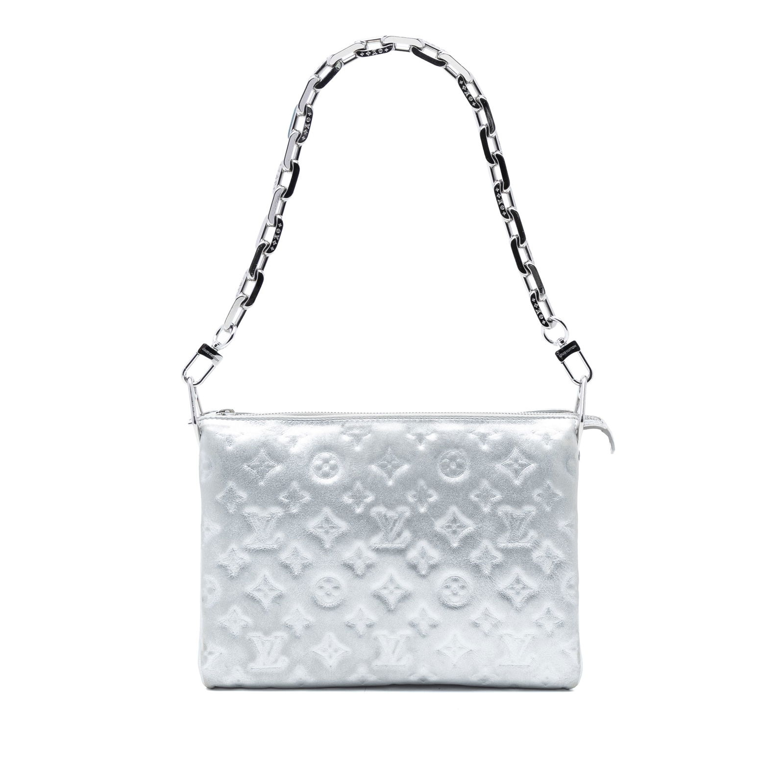 Louis Vuitton Coussin PM Silver Lambskin Bag with Embossed Monogram: Louis Vuitton Coussin PM Silver Lambskin Bag with Embossed Monogram This Louis Vuitton Coussin PM bag features a puffy lambskin leather body embossed with the iconic monogram pattern. It is equipped w