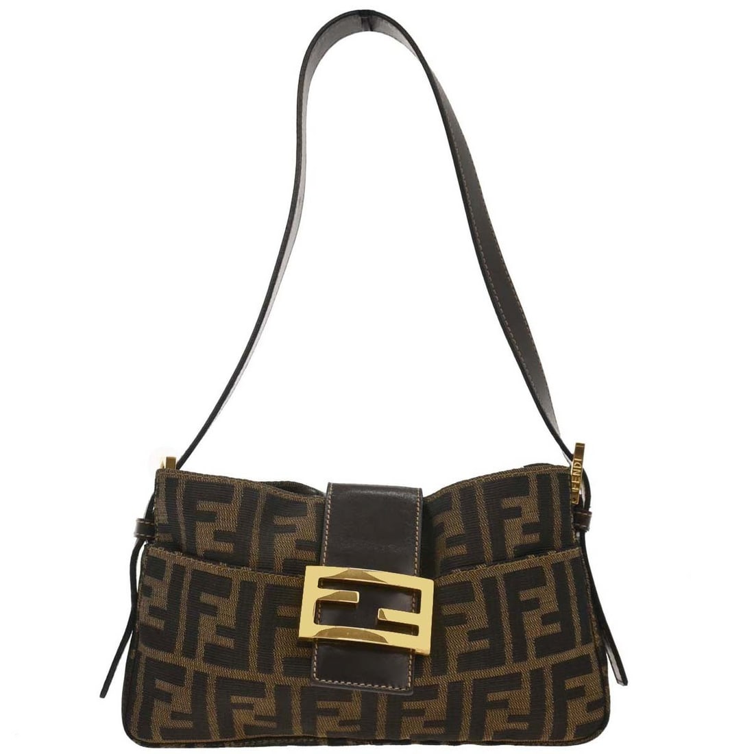 Fendi Brown Zucca Handbag with Gold Hardware and Adjustable Strap: Fendi Brown Zucca Handbag with Gold Hardware and Adjustable Strap This elegant Fendi Brown Zucca Handbag is a stylish accessory perfect for casual outings. Crafted from high-quality canvas, it feature