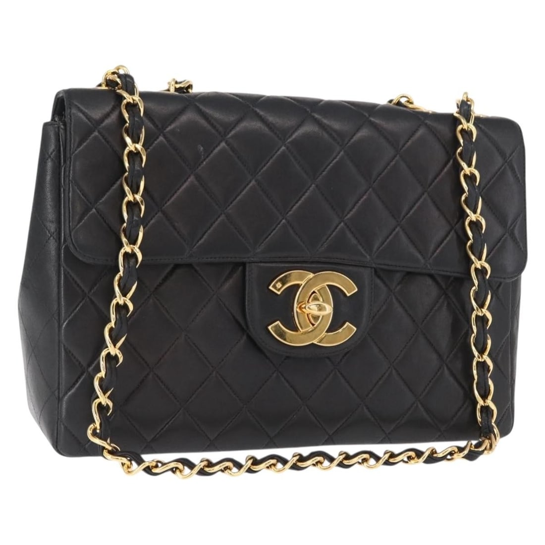 Chanel Black Lambskin Matelasse 30 Shoulder Bag with Gold Chain and CC Logo: Chanel Black Lambskin Matelasse 30 Shoulder Bag with Gold Chain and CC Logo This is an authentic CHANEL Big Matelasse 30 shoulder bag crafted from black lambskin leather with gold-tone accents. The ba