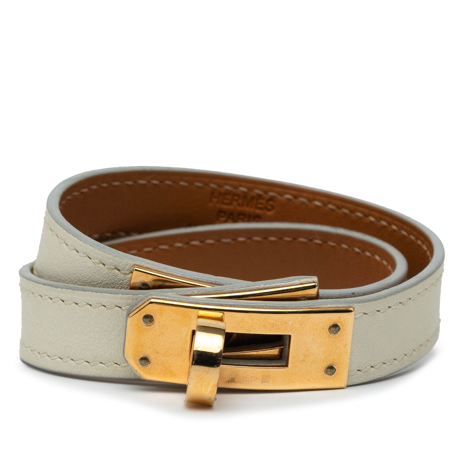 Hermes Leather Kelly Double Tour Bracelet Gray Gold-Plated Hardware (1 of 7)